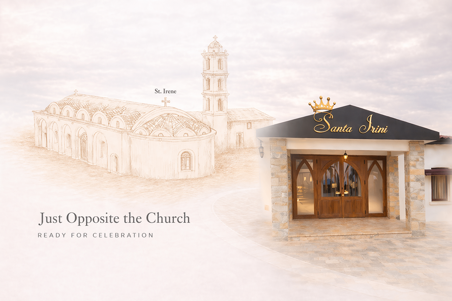 Santa Irini events venue in Pervolia Larnaca Cyprus located opposite St Irene Church featuring elegant entrance and wedding celebration venue exterior.